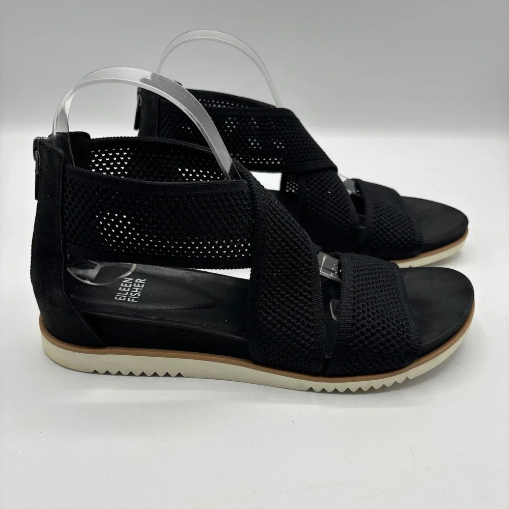 Eileen Fisher Black Stretch Mesh Crisscross Platform Sandals Size‎ 9.5 Zip Back